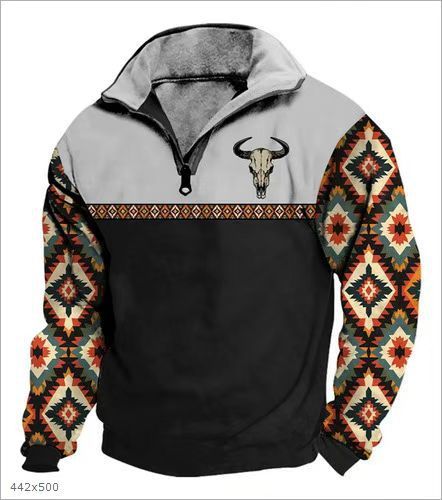 Men Sweatshirt With Digital Print Stand Collar Zip-up