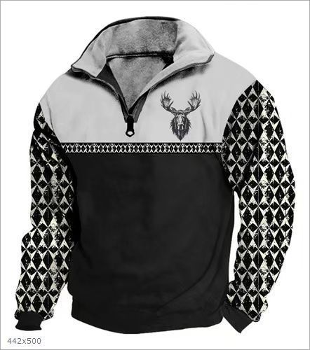 Men Sweatshirt With Digital Print Stand Collar Zip-up
