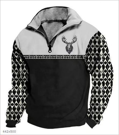 Men Sweatshirt With Digital Print Stand Collar Zip-up