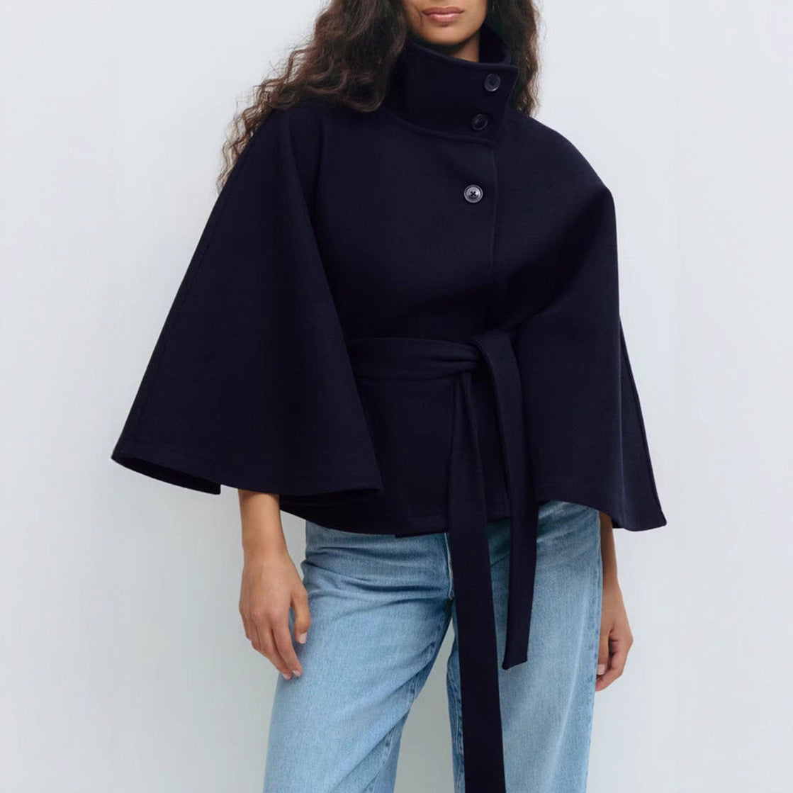 High Neck Batwing Sleeve Coat With Belt
