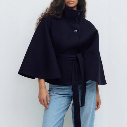 High Neck Batwing Sleeve Coat With Belt