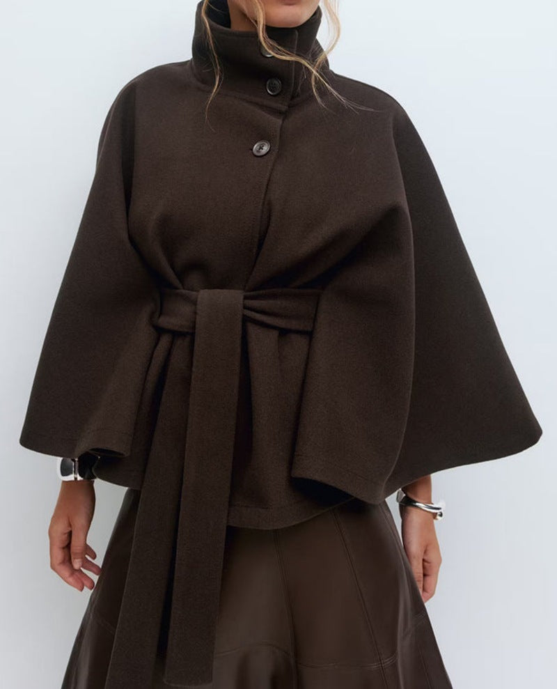 High Neck Batwing Sleeve Coat With Belt