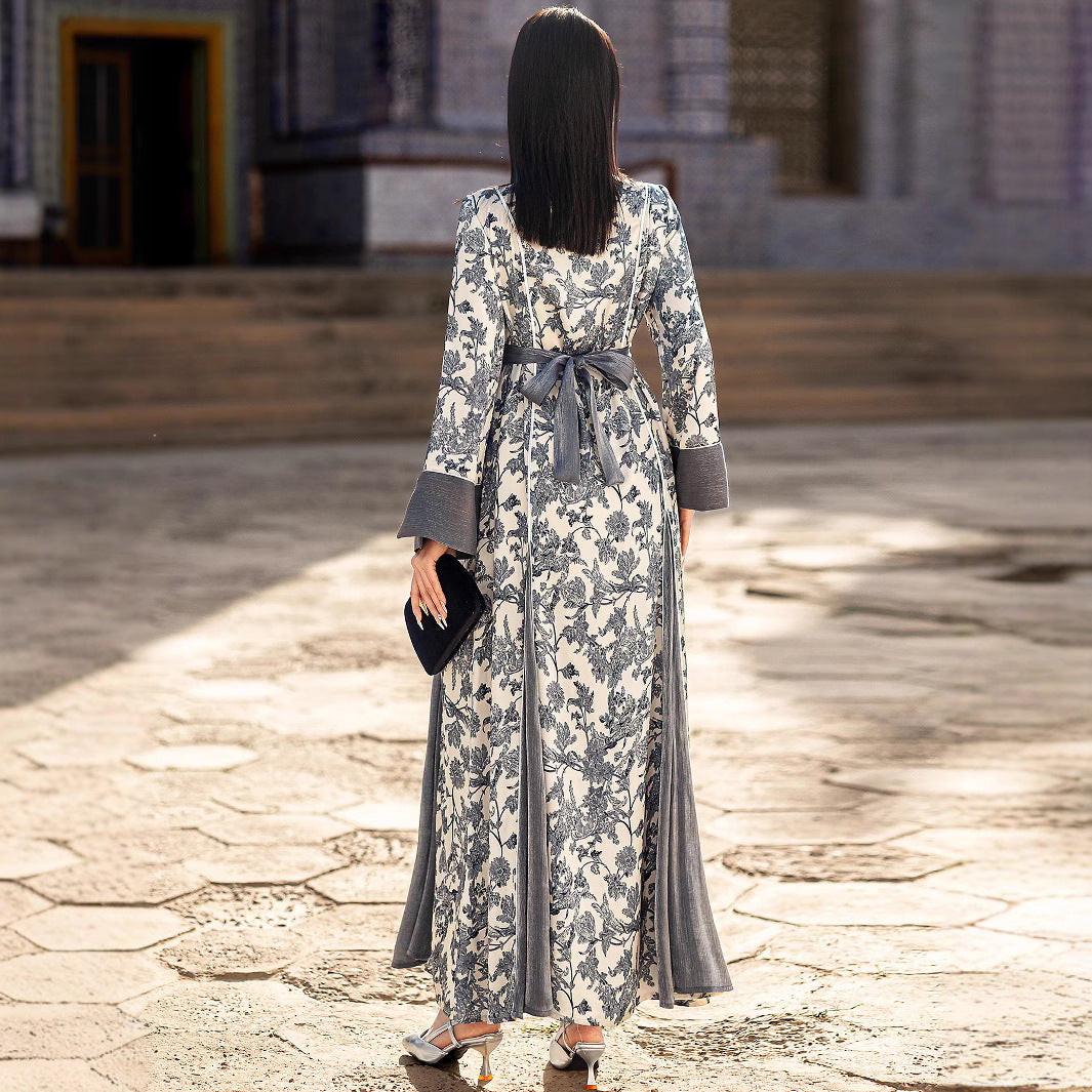 V-neck Satin Printed Muslim Dress