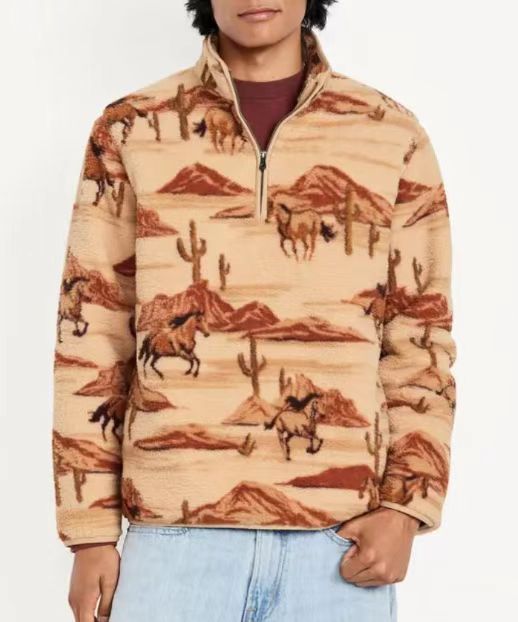 Men Sweatshirt With Digital Print Stand Collar Zip-up