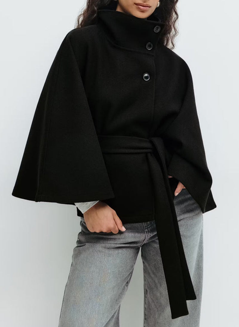 High Neck Batwing Sleeve Coat With Belt