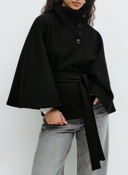 High Neck Batwing Sleeve Coat With Belt