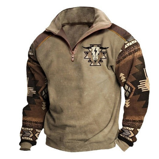 Men Sweatshirt With Digital Print Stand Collar Zip-up