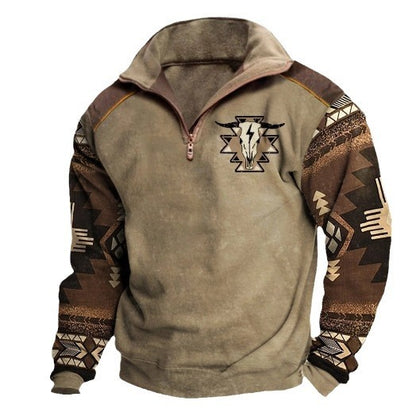 Men Sweatshirt With Digital Print Stand Collar Zip-up