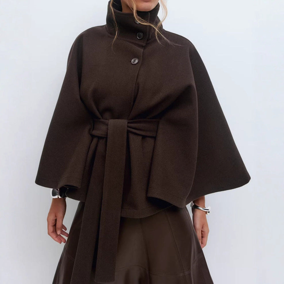 High Neck Batwing Sleeve Coat With Belt