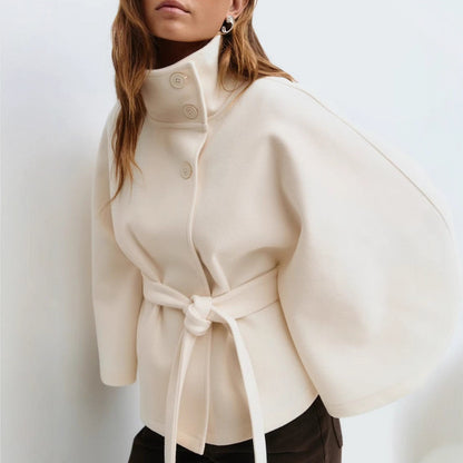 High Neck Batwing Sleeve Coat With Belt