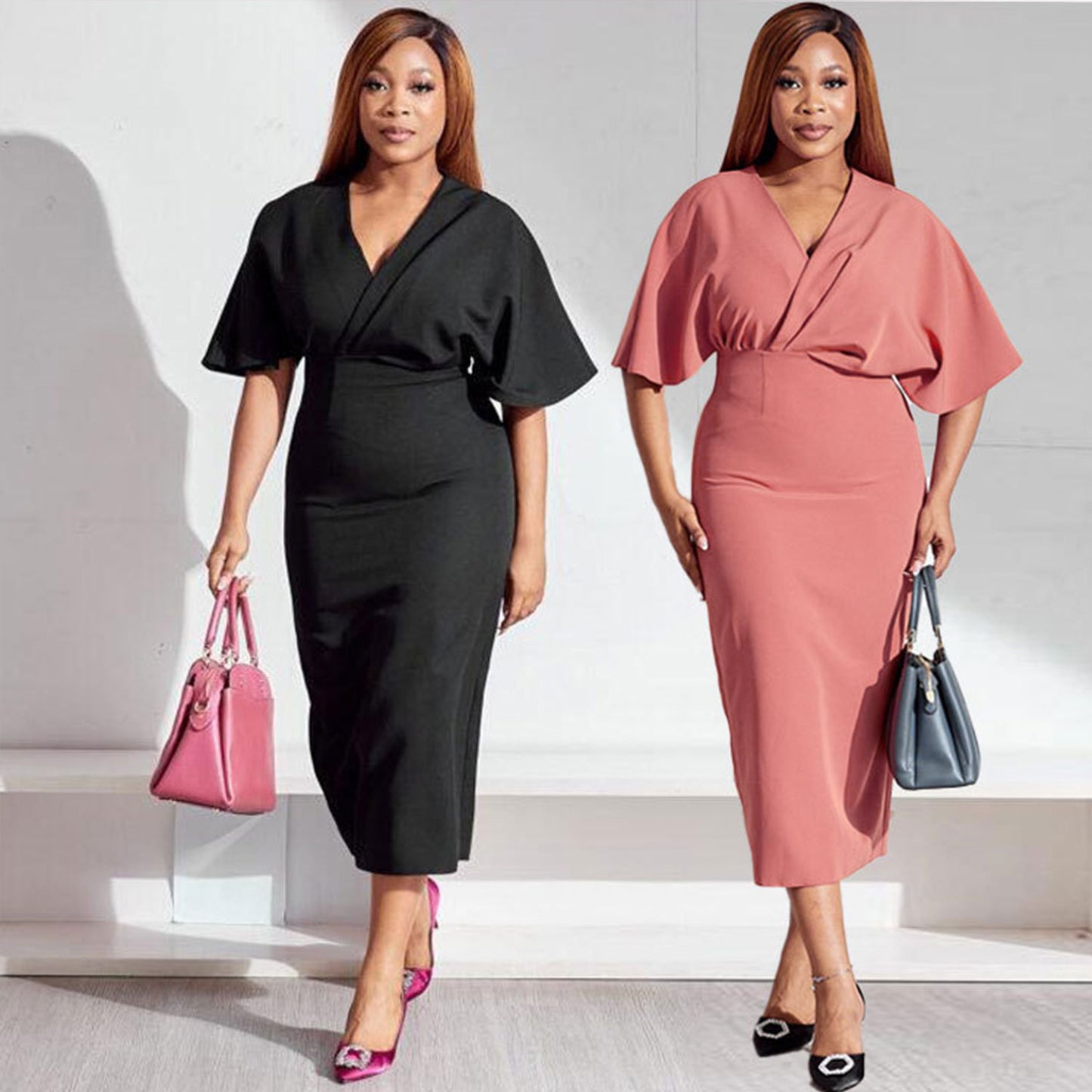 Elegance Cape-sleeve Wrap Midi Dress Plus size