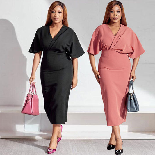 Elegance Cape-sleeve Wrap Midi Dress Plus size