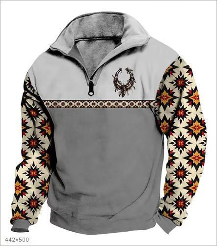 Men Sweatshirt With Digital Print Stand Collar Zip-up