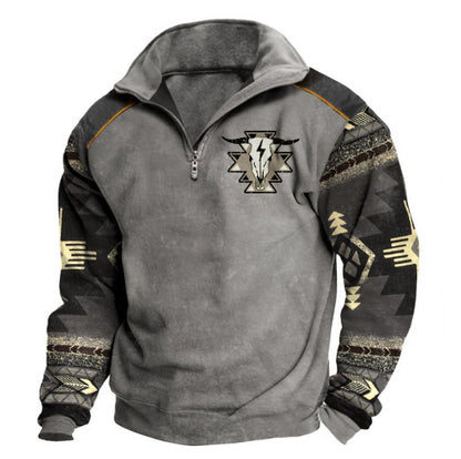 Men Sweatshirt With Digital Print Stand Collar Zip-up