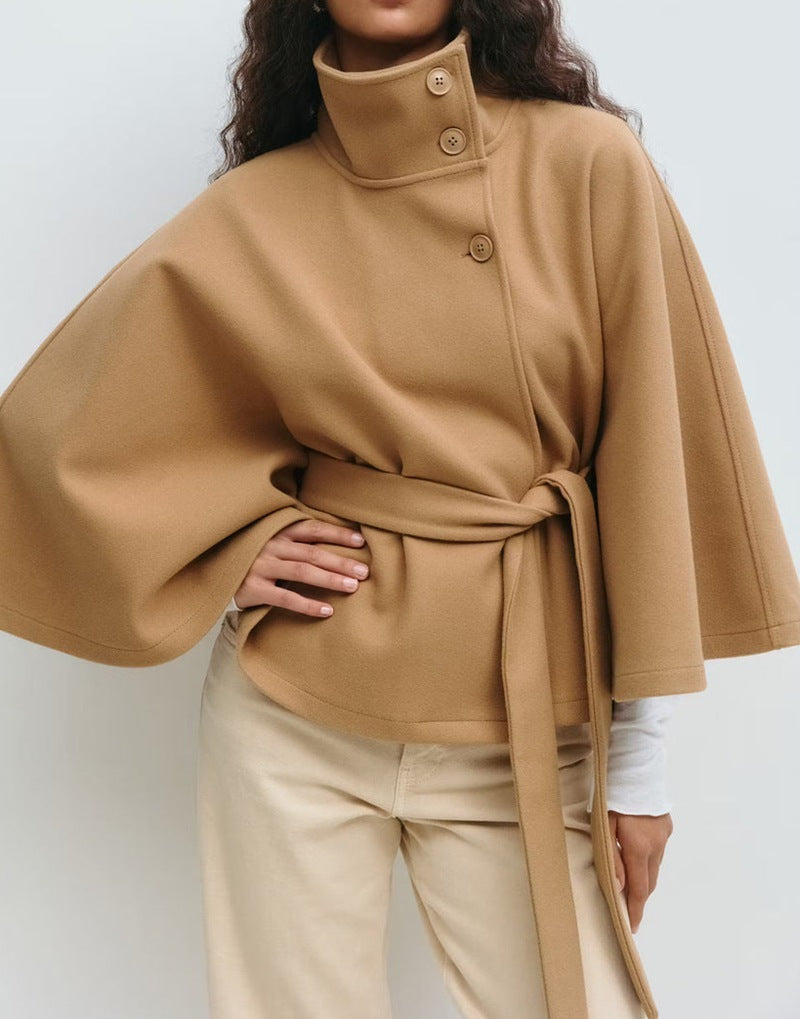 High Neck Batwing Sleeve Coat With Belt
