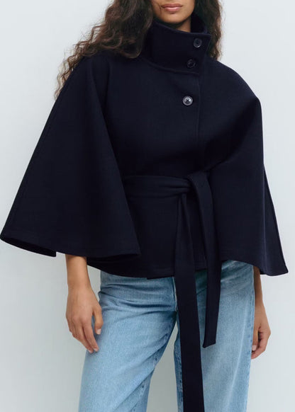 High Neck Batwing Sleeve Coat With Belt
