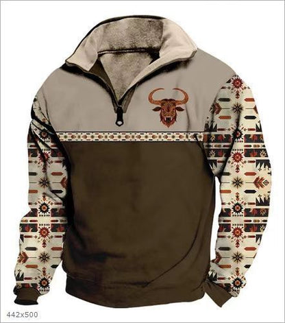 Men Sweatshirt With Digital Print Stand Collar Zip-up