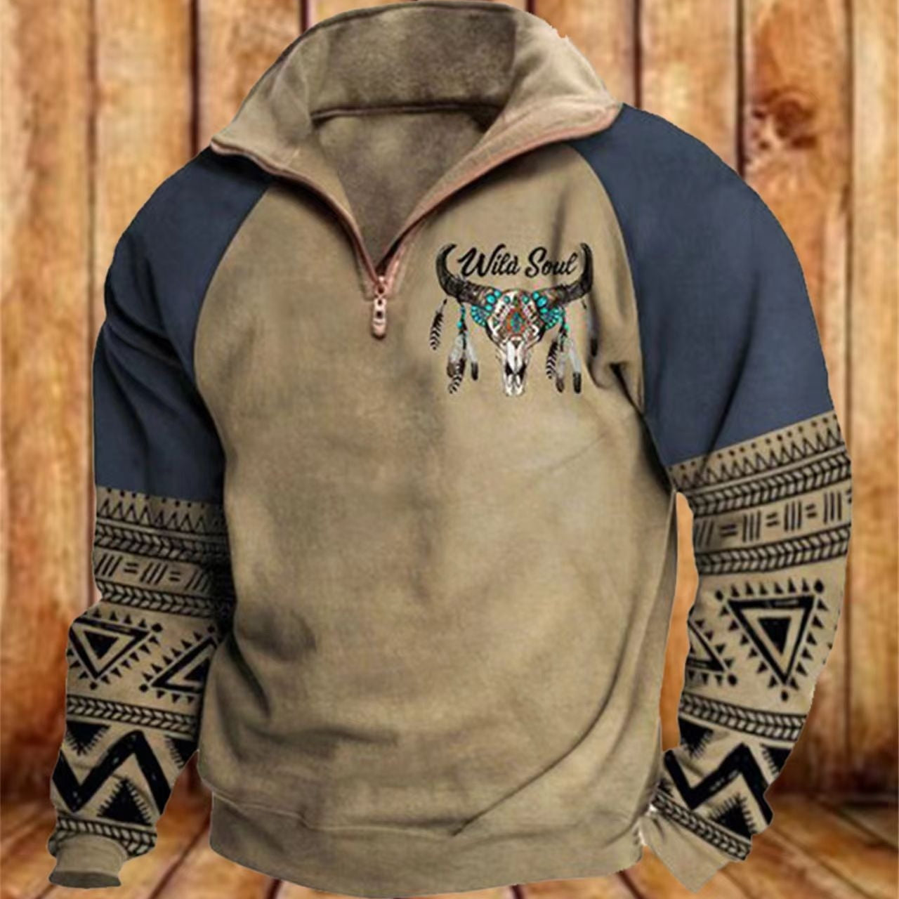 Men Sweatshirt With Digital Print Stand Collar Zip-up