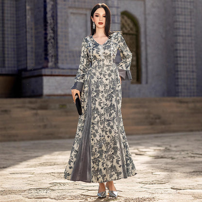V-neck Satin Printed Muslim Dress