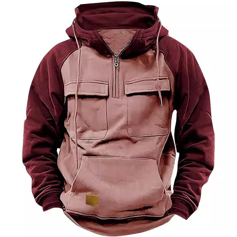 Unisex Fall Winter Retro Cargo Hoodies Jacket Half Zipper