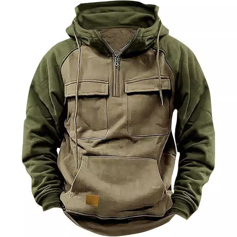 Unisex Fall Winter Retro Cargo Hoodies Jacket Half Zipper